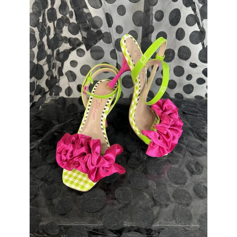 Betsy Johnson  Elmira Green/white gingham print, O/toe heeled sandals Women 6.5 - Picture 2 of 13